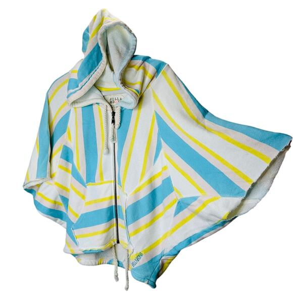 Billabong White Blue Yellow Batwing Front Zip Raw Hem Hooded Sweater S - Picture 1 of 16